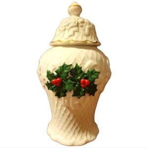 Vtg 1999 2D Holly Berry Lidded Christmas Ginger Box Jar Canister Container